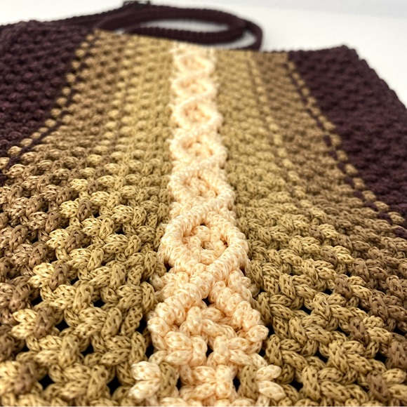 Macrame Crossbody Boho Style Purse Neutral Brown Tan Cream with Adjustable Strap - Picture 5 of 15